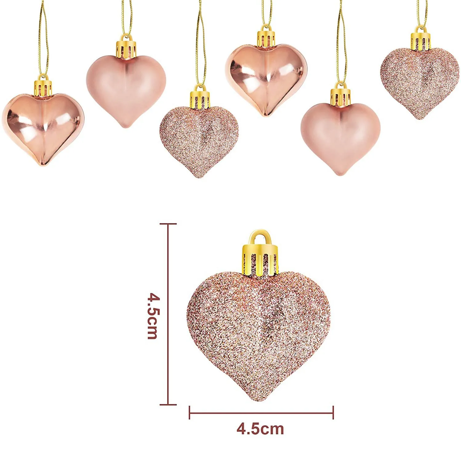 24Pcs Rose Gold Valentine's Day Heart Shaped Ornaments Heart Shaped Baubles Ornaments for Home Tree Hanging Decorations