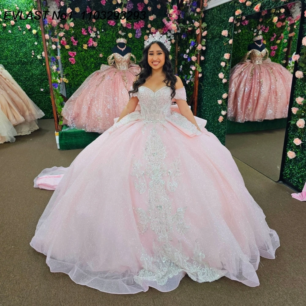 فستان Quinceanera وردي سباركلي مخصص من EVLAST فستان حفلة مزين بالترتر والدانتيل مطرز بالخرز الحلو 16 فيستدوس دي 15 أنوس E1QN674