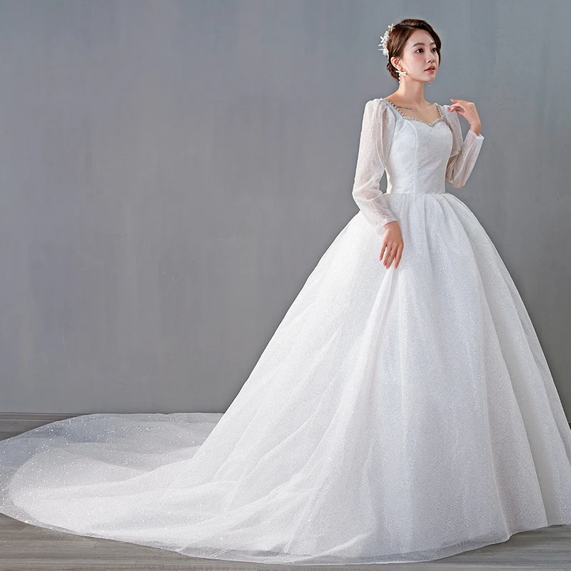 AnXin SH – robe de mariée princesse en dentelle blanche, vintage, tenue de bal avec perles, à manches longues