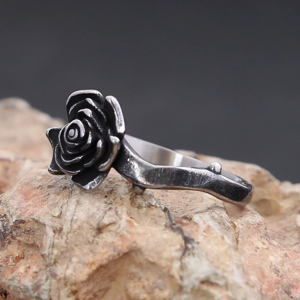 Simple Vintage 316L Stainless Steel Rose Flower Rings For Women Fashion Trend Black Rose Ring Party Wedding Jewelry Dropshipping