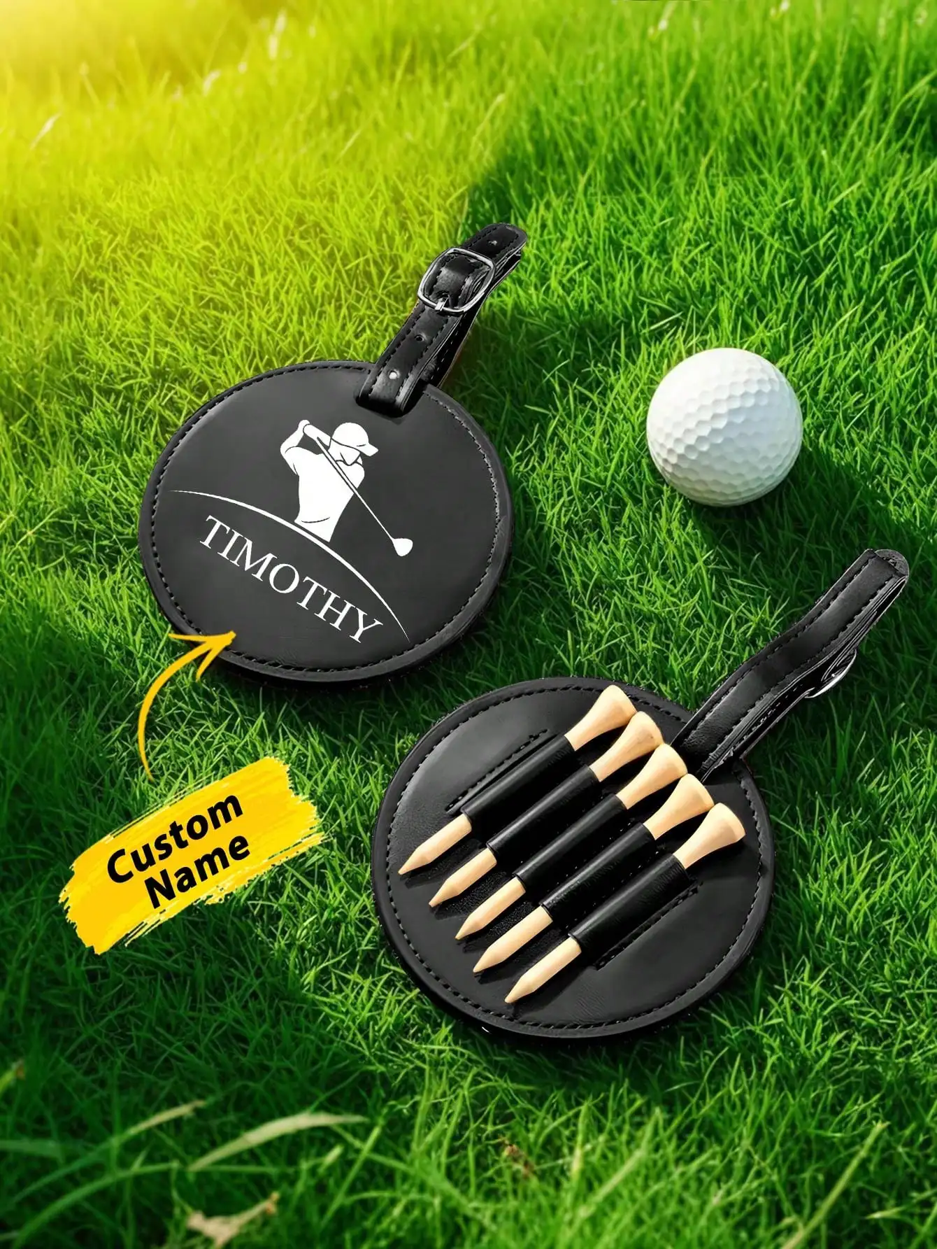 Custom Name Leather Golf Bag Tag Golf Tee Holder Personalized Golf Gift for Dad Boyfriend Groomsman Black Brown Golf Accessories