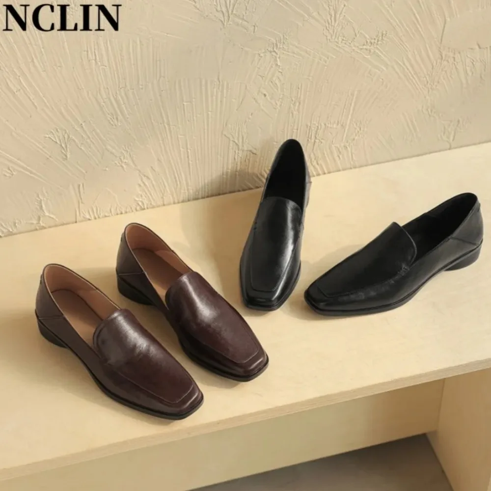 2026 New Women Leather Loafers Slip-On Square Toe Vintage British Style Chunky Flat Casual Shoes