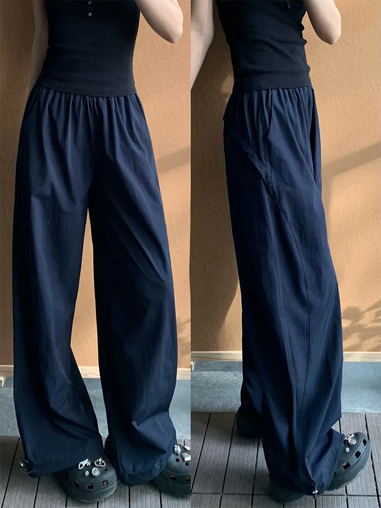 American Style Quick Dry Sports Pants Women's High Waist Slim Straight Casual Trousers Small Size Loose Cuffed Wide Leg Pants