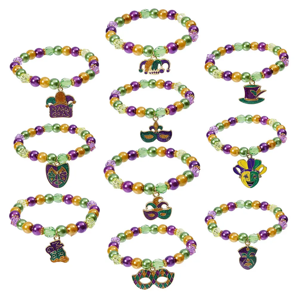 10 Pcs Mardi Gras Beaded Bracelets Purple Green Gold Beaded Stackable Strech Bracelet for Mardi Gras Carnival Celebrations Party