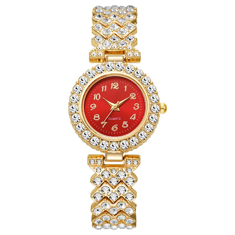 Fashion digital pattern diamond inlaid women's watch, women's gold red blue quartz watch