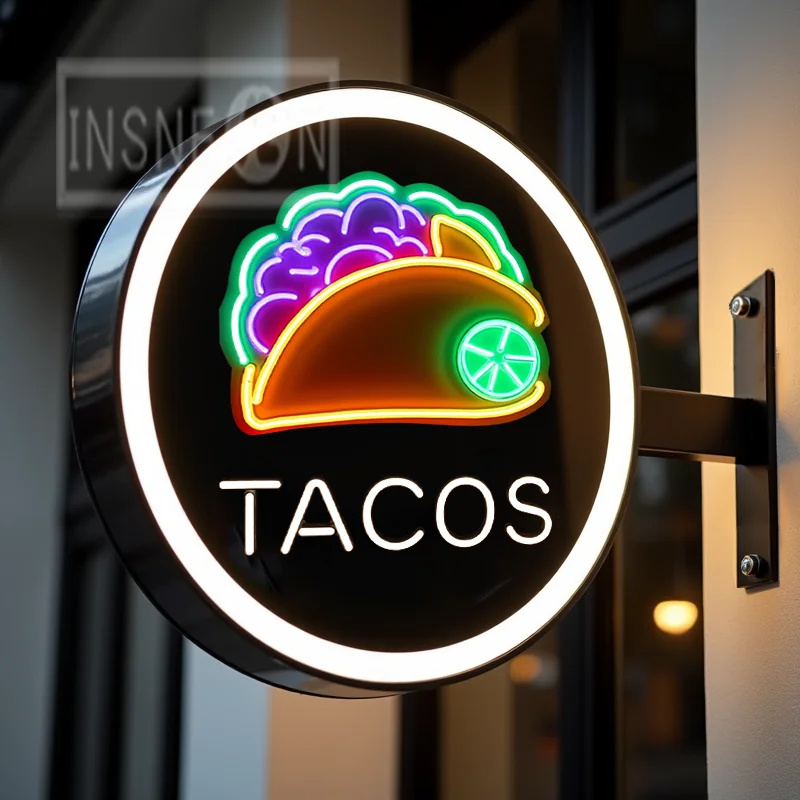 Custom Tacos Light Box for Storefront Round Acrylic LED Waterproof Double Sided Outdoor Business Signage Wall Mounted