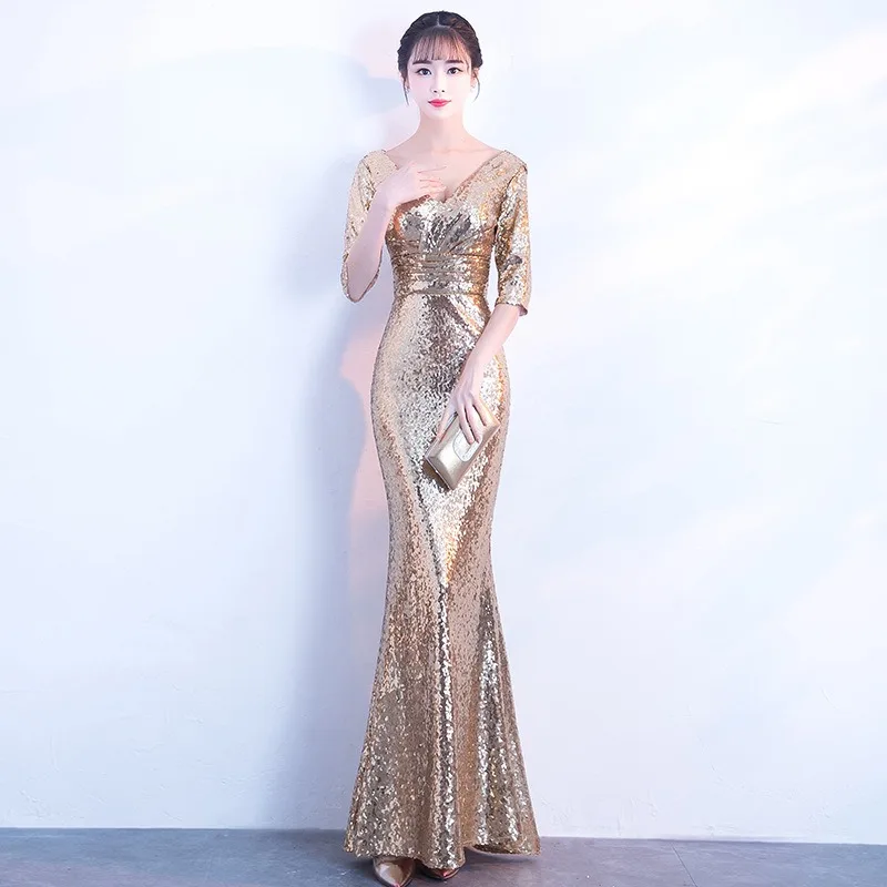 

Golden Evening Dress Female 2025 New Fishtail Banquet Long Elegant Slim Slim and Elegant Half-sleeve V-neck Sequins Party Dress
