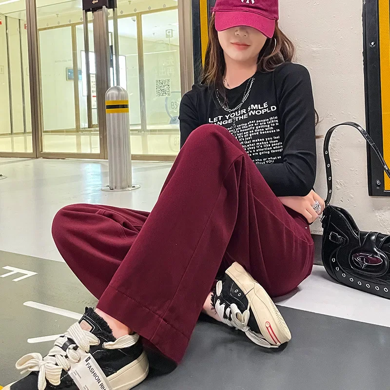 Calça jeans vermelha Ancola simples e confortável de pernas largas. Nova moda feminina primavera e outono baggy cintura alta perna reta jean