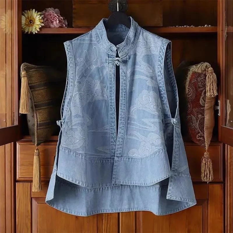 

Ethnic Style Buttoned Denim Vest New Style Top Sleeveless Cardigan Jacket