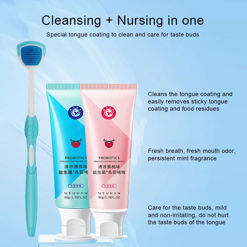 Tongue Cleansing Gel With Silicone Scraper Cleaning Brush Coating Set Mint Freshen Breathremove Bad Breath Scrape Coating Odor