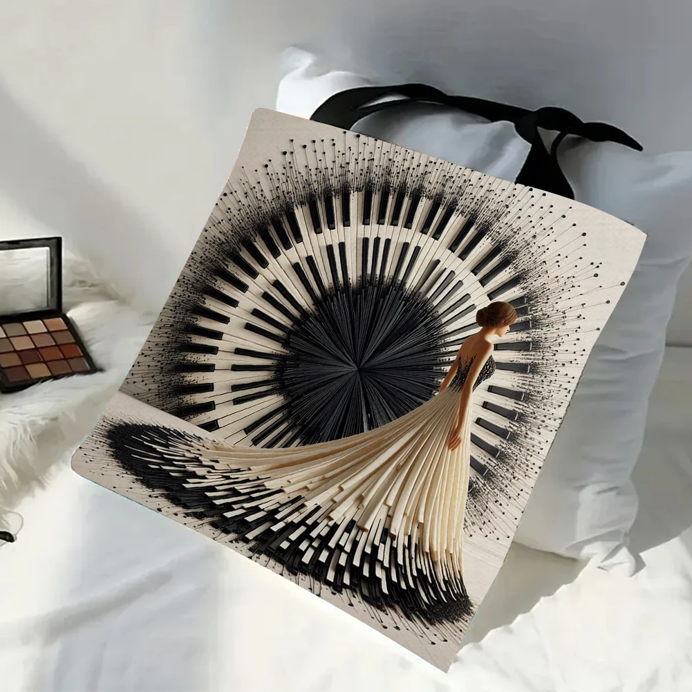 4pcs Piano Girl Large Capacity Linen Tote Bag