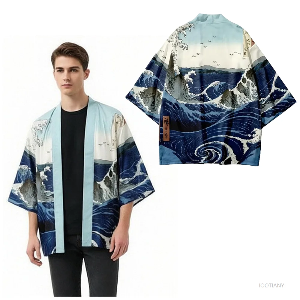 

Summer Ukiyo-e Kimono Cardigan Jacket Cosplay Japanese Open-front Casual Shirt Men's Three-quarter Sleeve Halloween Cape Kimono
