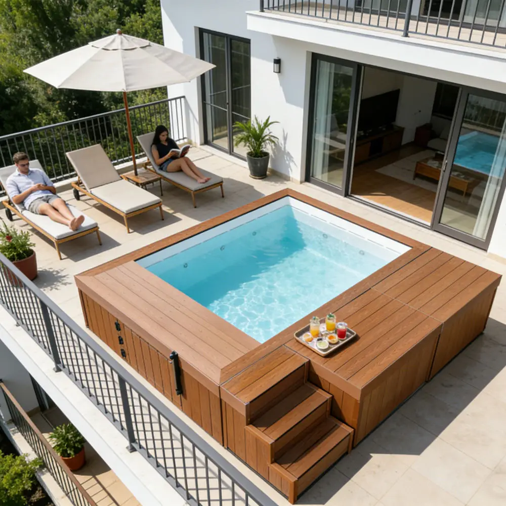 Piscina de Lujo Pequeña para Familias con Terraza en el Techo, Piscina de Natación de Madera, Piscina de Fibra de Vidrio Sobre el Suelo, Piscinas Exteriores