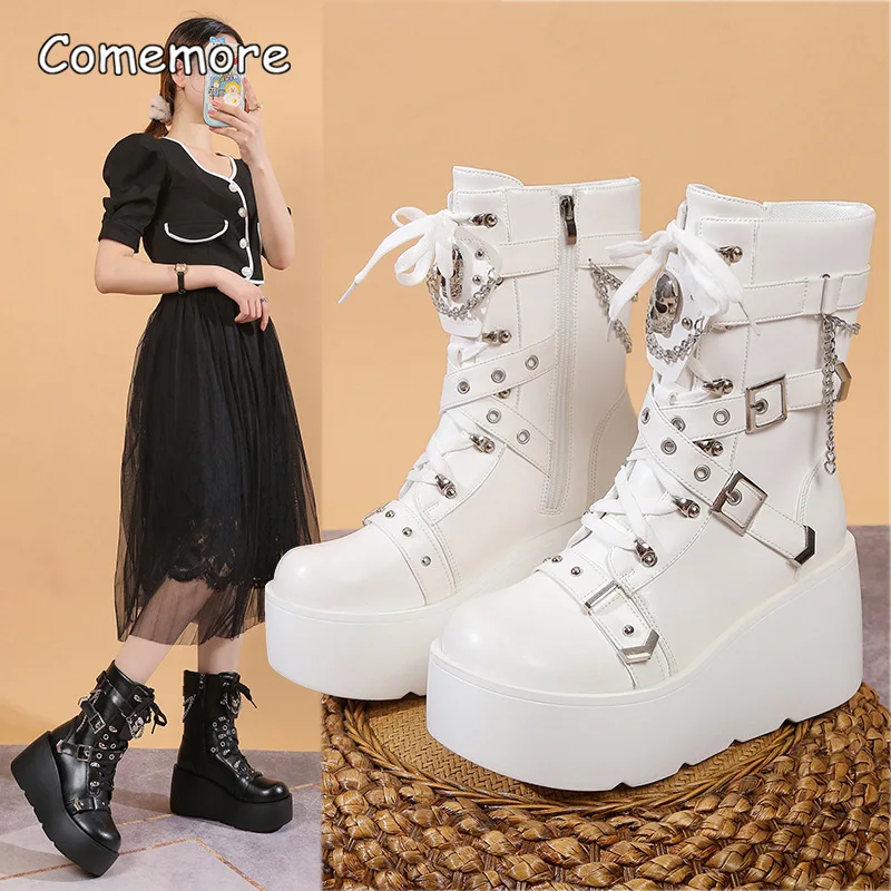 

Thick Bottom Wedge Heel Motorcycle Boots Women Plus Size 35-42 Punk Style Platform Black Short Ankle Boots for Women's Botines