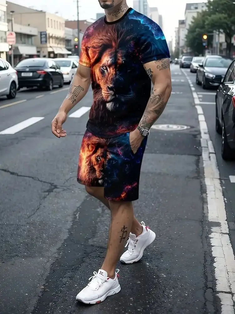 Men's Outfit 2-piece Street Trend Lion Pattern Men's Sportswear Fashion 3D Print T-shirt+Shorts Summer Men's Comfortable Set