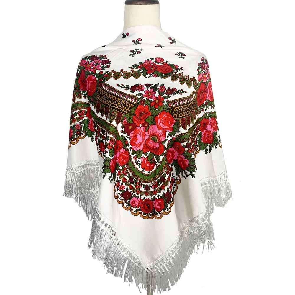 120*120Cm Traditional Russian Square Scarf Women's Floral Print Shawl Ethnic Retro Bandana Handkerchief Ukraine Fringed Headwrap