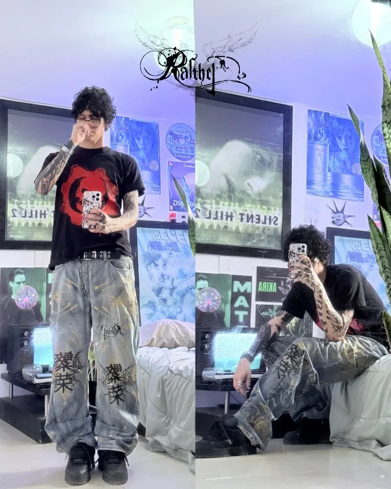 

Japanese Harajuku Font Drop Cuff Tattoo Print Denim Pants Wide Leg Drag Floor Length Jeans Women Rebellious Style Hot Solf