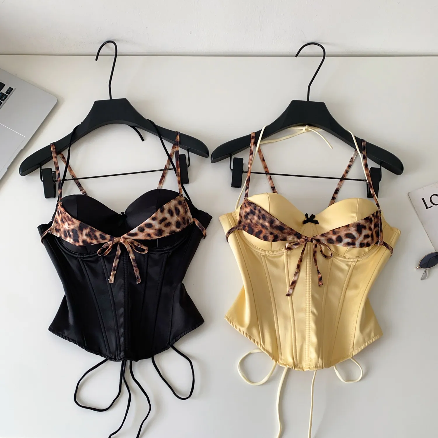 sexy leopard Hater spaghetti straps Bandage Corset Bustier  Summer Slim Camis Tank Top  Spliced Women  Crop Top Outer Wear