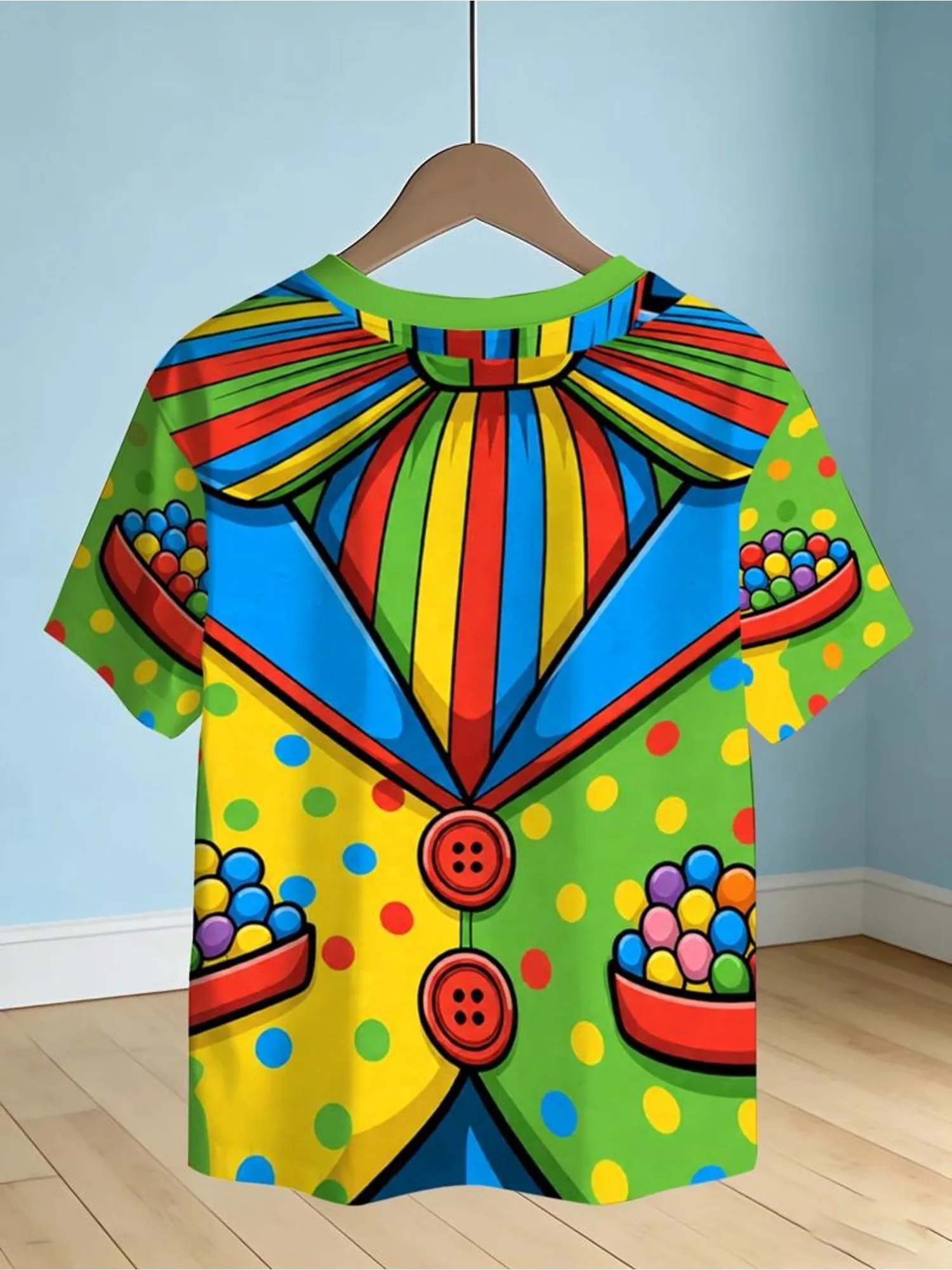 Kids Clown Costume T-Shirt, Colorful Striped Polka Dot Clown Suit Print Girls Short Sleeve Party Graphic Tee