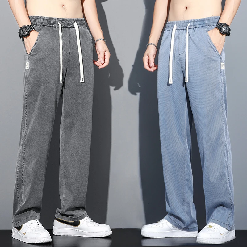 

Soft Summer Thin Jeans Men Lyocell Fabric Loose Straight Pants Drawstring Elastic Waist Casual Wide Leg Breathable Trousers