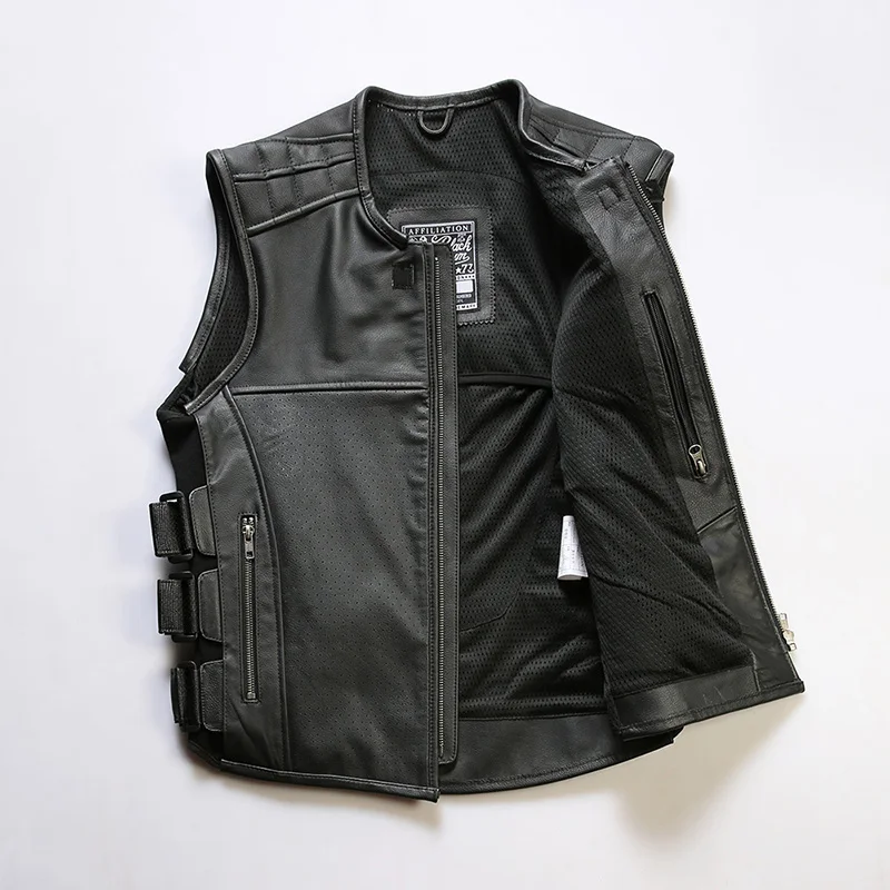 Hochwertige Neue Herren Ärmellose Jacke Motorrad-Fahrweste mit Verstellbarer Taille Echtes Leder Rindsleder-Weste – Detail 8