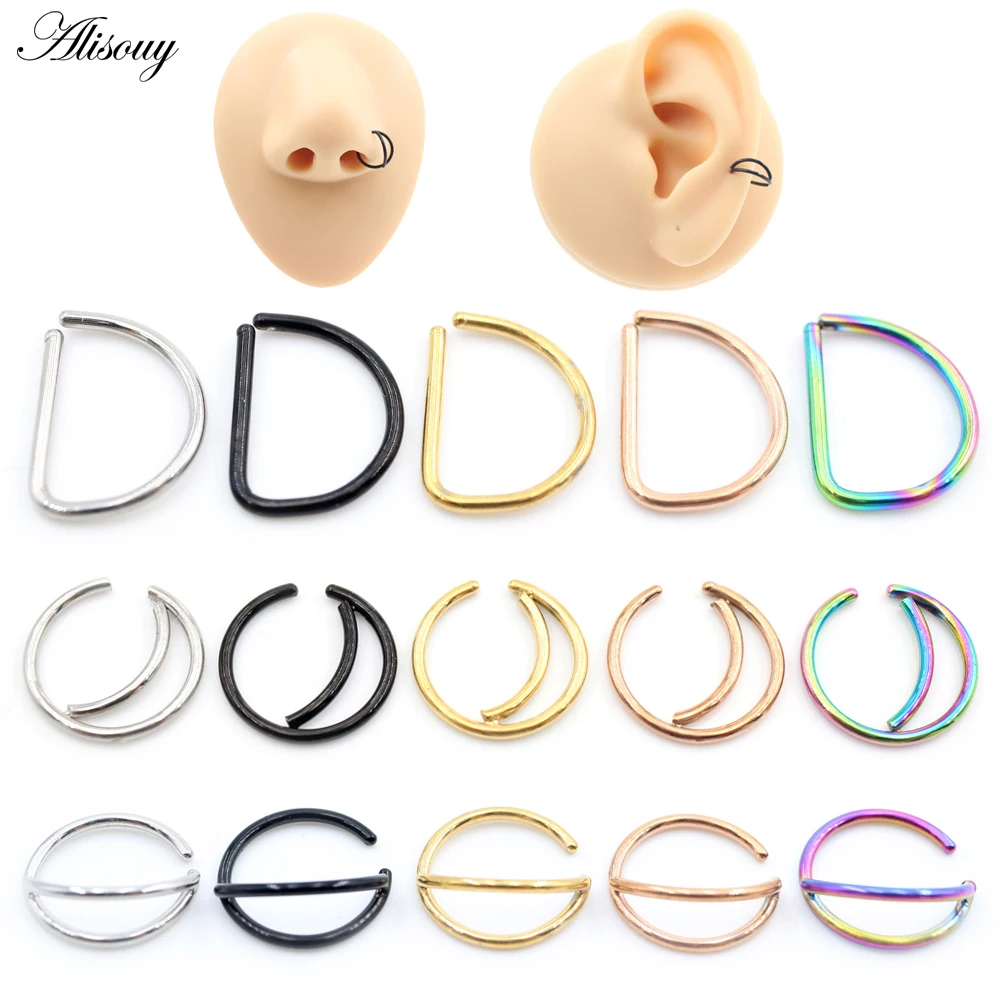 Alisouy 1PC Stainless Steel Moon D-Shape Arc Nose Ring Septum Daith Piercing Jewelry Hoop Tragus Clicker Cartilage Helix Earring