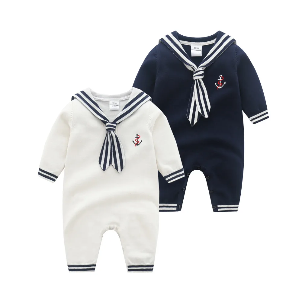 Fashion Baby Boys Sailor Rompers Autumn White Long Sleeve Newborn Infant Cotton Knitted Jumpsuits Outfits Winter Toddler Clothes