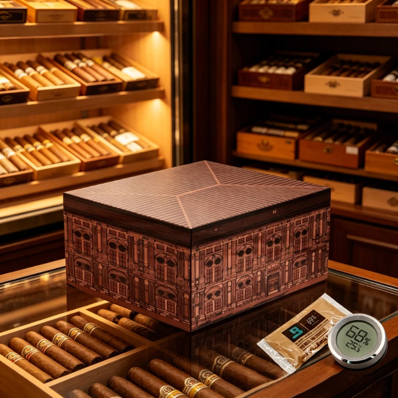 Wooden Humidor Holds 50-80 Cigars with Humidifier Bag Hygrometer Aging Resting Festive Gift view 2
