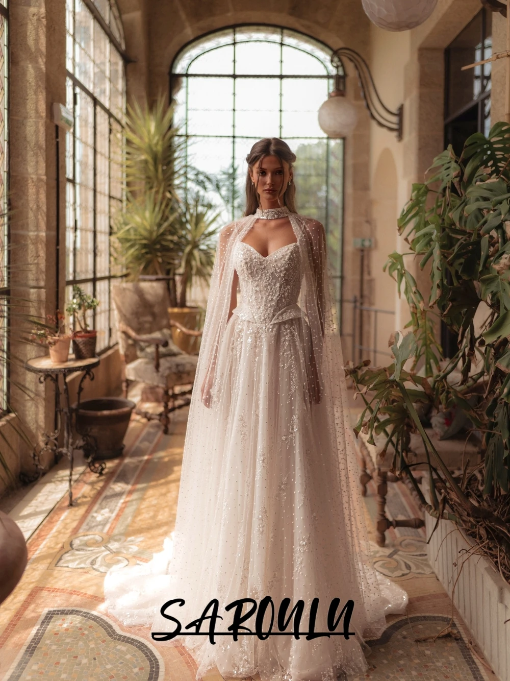 Perle nobili Abbaglianti abito da sposa linea A con corsetto chic a mantella Abito da sposa romantico Personalizzato delicato fino al pavimento