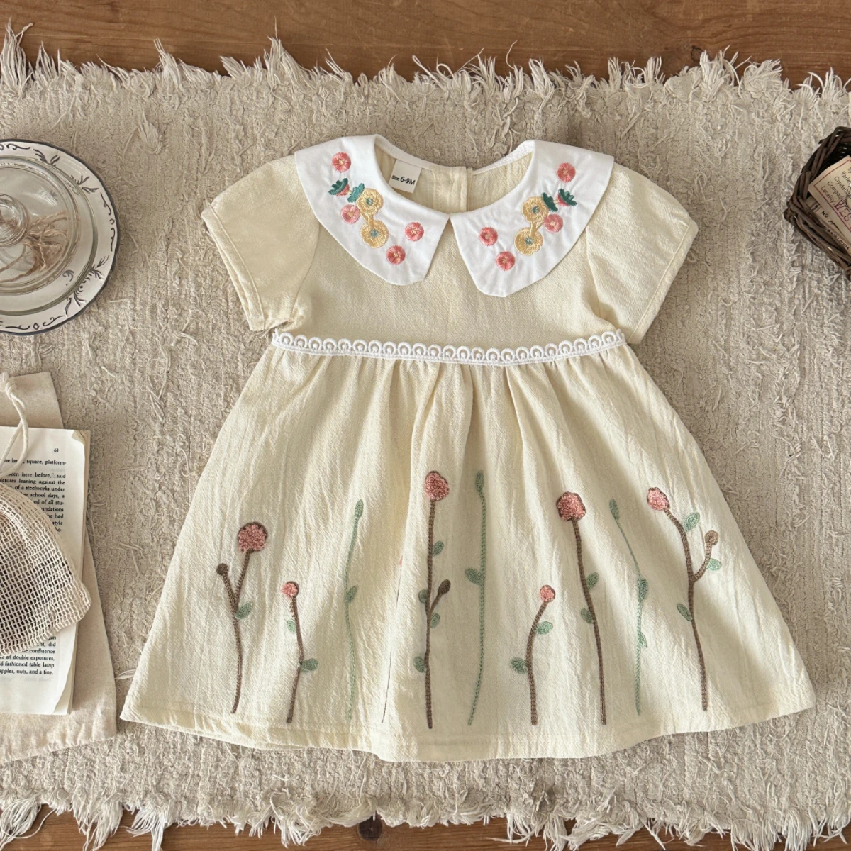 Summer Toddler Pure Cotton Dress Cute Doll Collar Flower Embroidered Princess Dress for Baby Girl 0-3 Years Old 4
