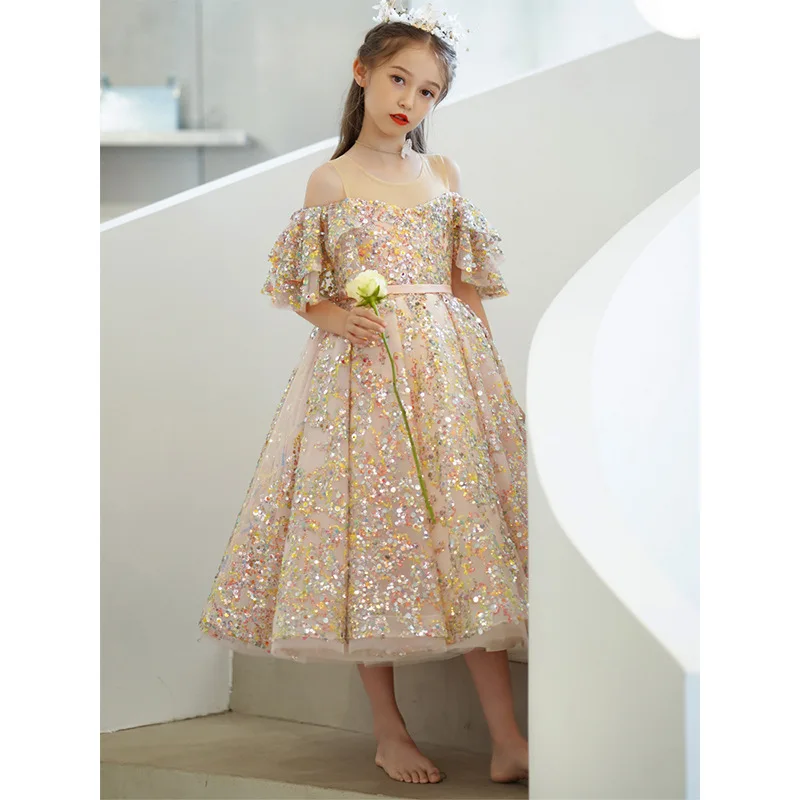 High Quality Baby Frock Designs Boutique Sequined Flare Sleeve Flower Girl\'s Gown Western Style For Kids Evening Party Dress