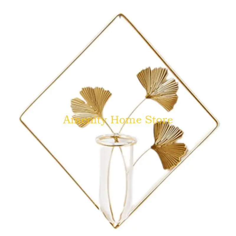 F26C for Creative Wall Hanging Plants Vase with Metal Ginkgo Frame Stand Geometric Glass Test Tube Hydroponic Planters