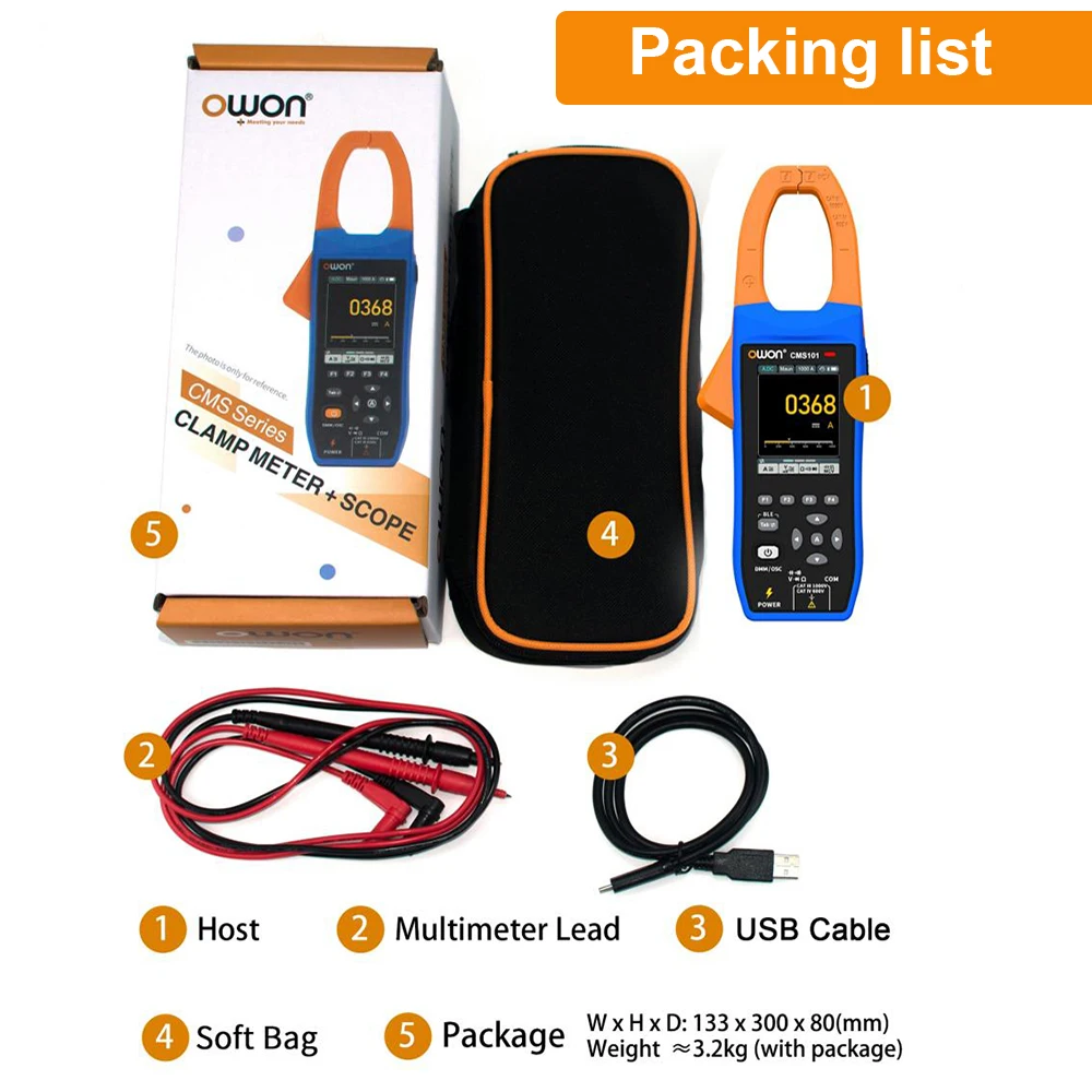 OWON 3 في 1 التيار المتناوب/تيار مستمر المشبك تتر + ملتقط الذبذبات الرقمي CMS101 1000A CMS061 600A بلوتوث مسجل وظيفة NCV متعدد الوظائف متر