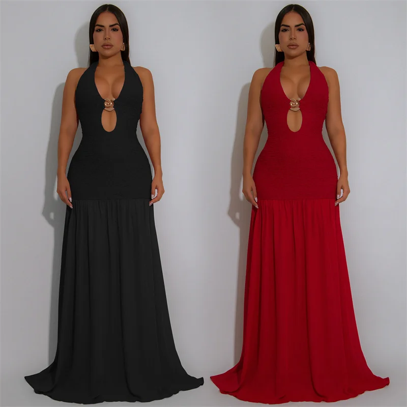 Abiti lunghi sexy a trapezio con scollo all'americana e schiena scoperta, da sera, per compleanno, con scollo a V profondo, anello in metallo, scava fuori, abito lungo da night club per feste