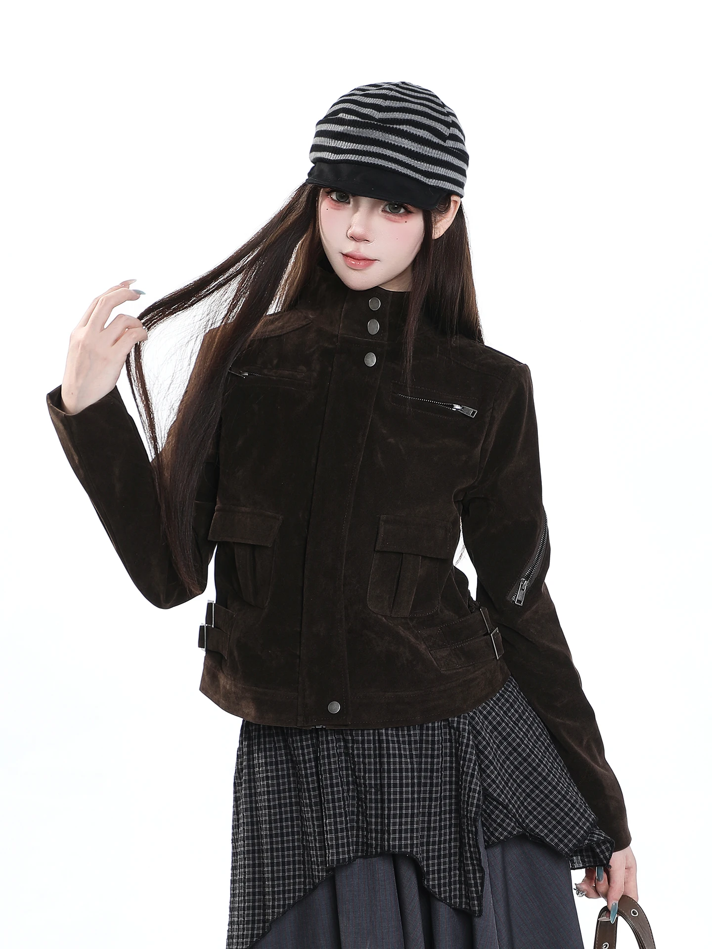 Retro American Suede Short Jacket Casual Style Women's Autumn Workwear Wind Multi-Pocket Zipper Design Sense Coat
