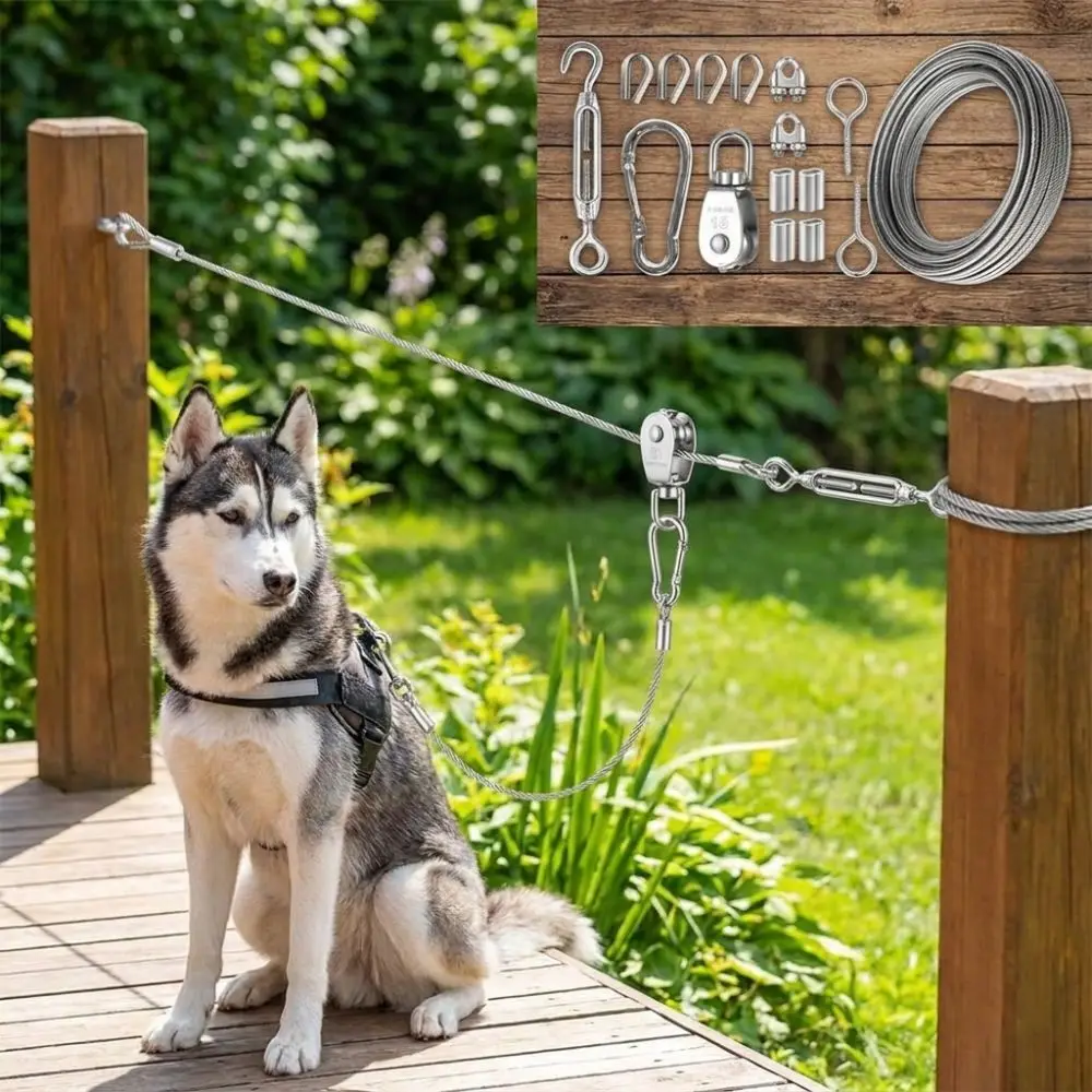 15/30M Outdoor Dog Tie Out Cable Metal Buckle Anti Rust Dog Runner for Yard Wear Resistant Shock-Absorbing