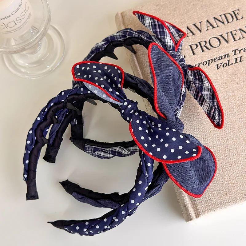 Bow Headband College Style Navy Blue Polka Dot Denim Toothed Headband Non-slip Hair Hoop Hairbands Hair Accessories Headwear 1pc