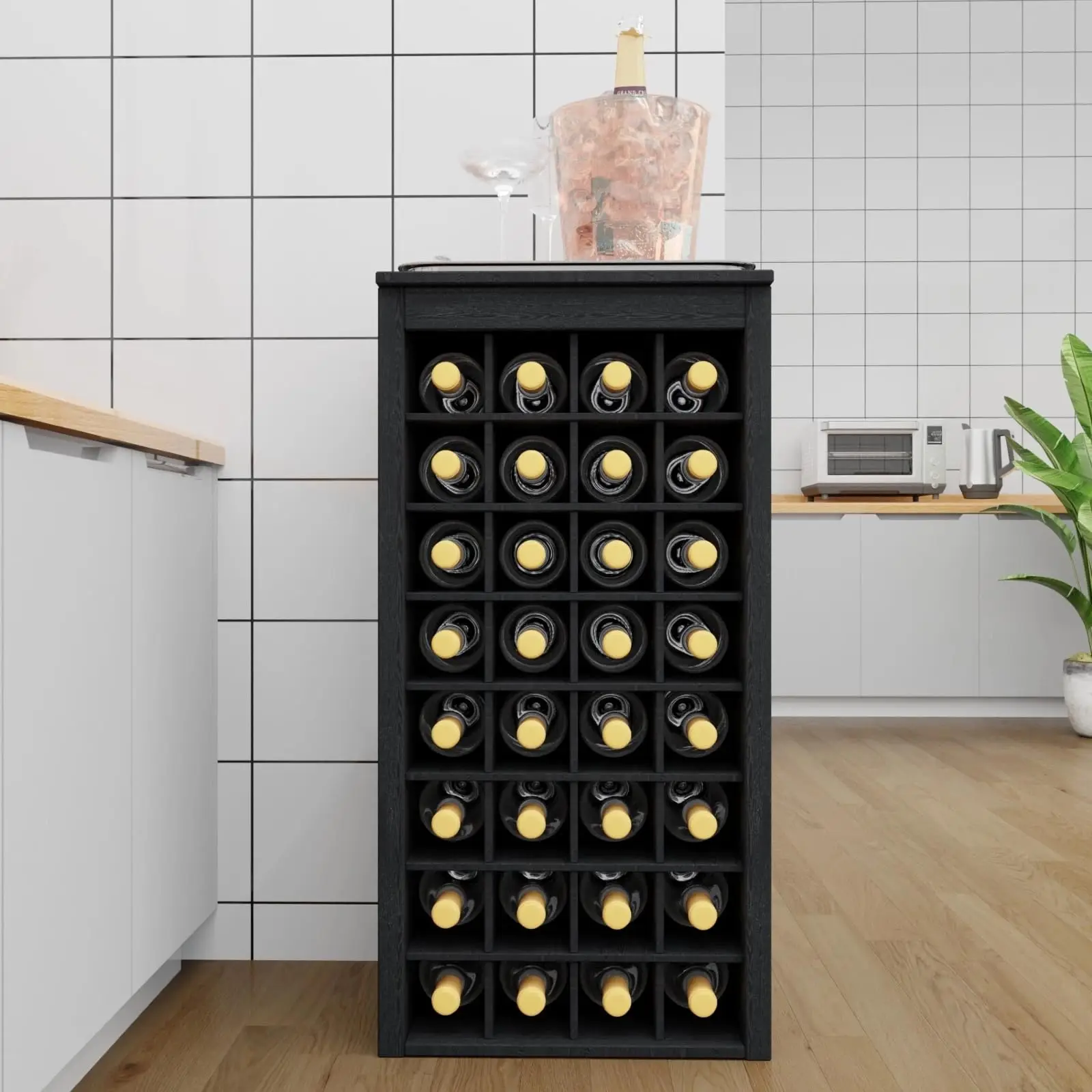 8-Tier Freestanding Wine Rack Wood, 32 Bottles Wine Rack Counter for Small Space, Farmhouse Stackable Modular Wine