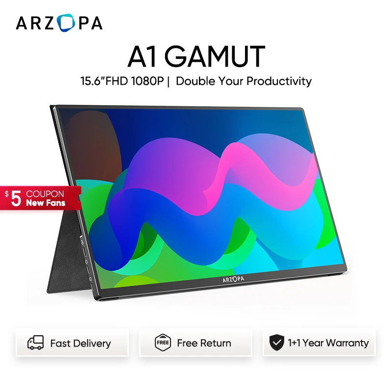 Arzopa 15.6'' Portable Monitor FHD 1080P IPS USB-C Mini-HDMI External Second Screen for Mac Laptop PC Android Switch Xbox  PS4/5