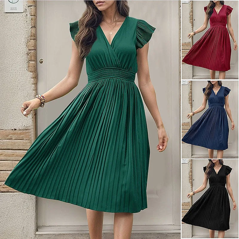 Summer Elegant V Neck High Waist Pleated Dress Casual Simple Dresses Women Fashion Clothing