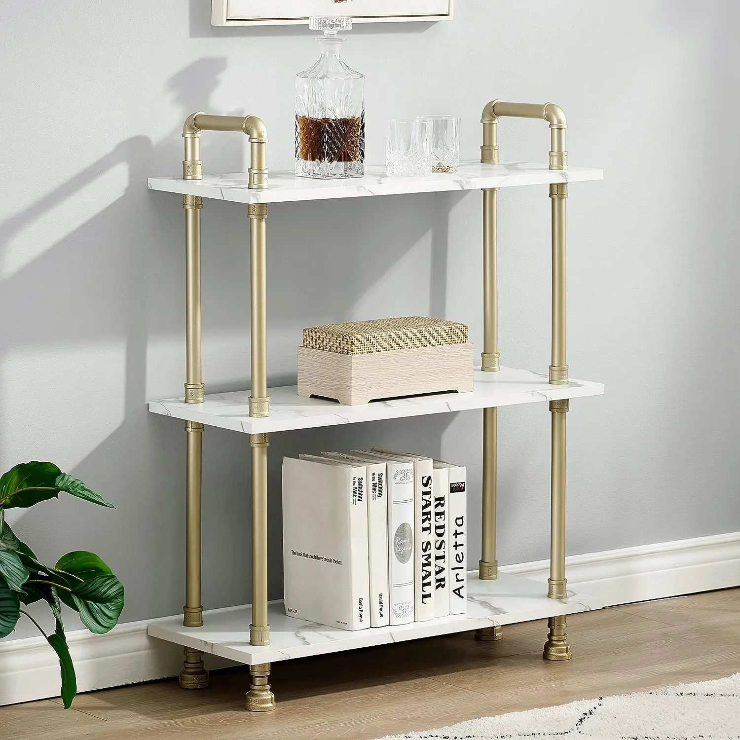 White Marble Wood Bookcase with Gold Metal Pipe Frame Home Display Rack for Living Room Small Storage Organizer Shelf