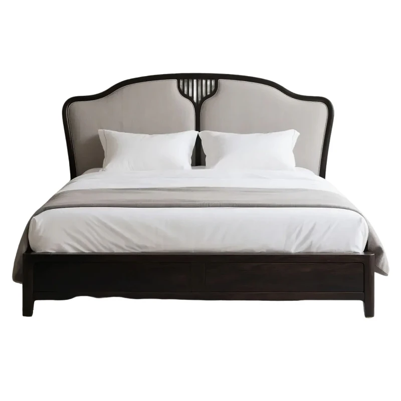 Ebony solid wood bed, modern light luxury, new Chinese master bed, villa hotel