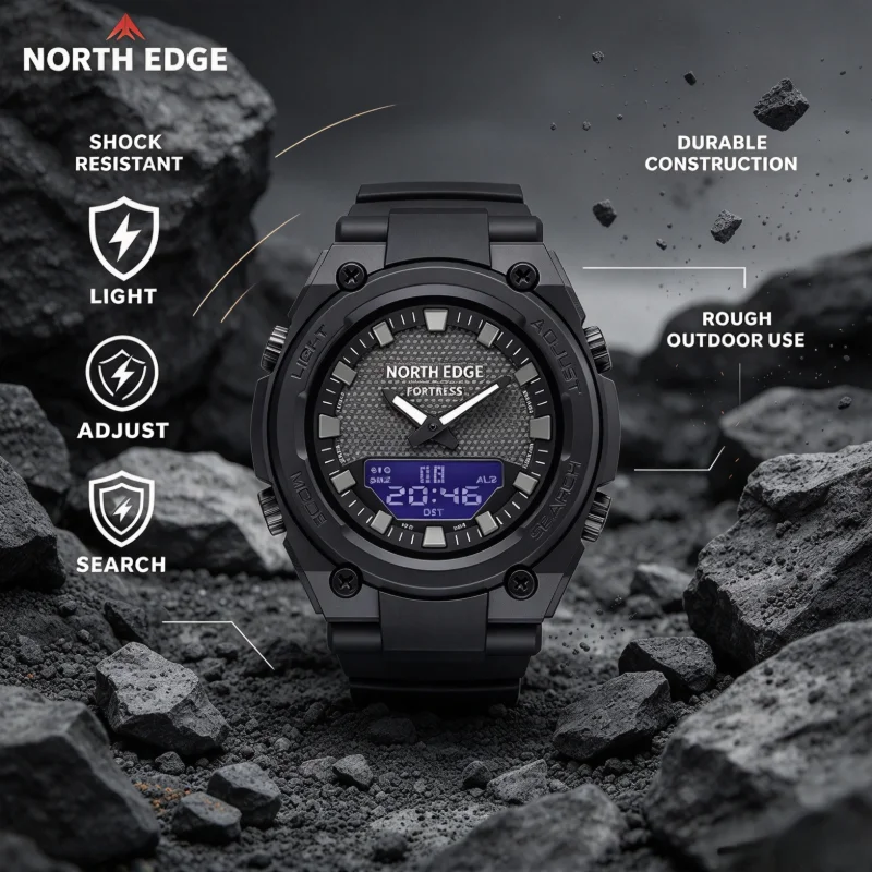 NORTH EDGE FORTRESS Men Analog Digital Military Watch 50M Waterproof Outdoor Sport Wristwatch World Time Countdown LED Backlight