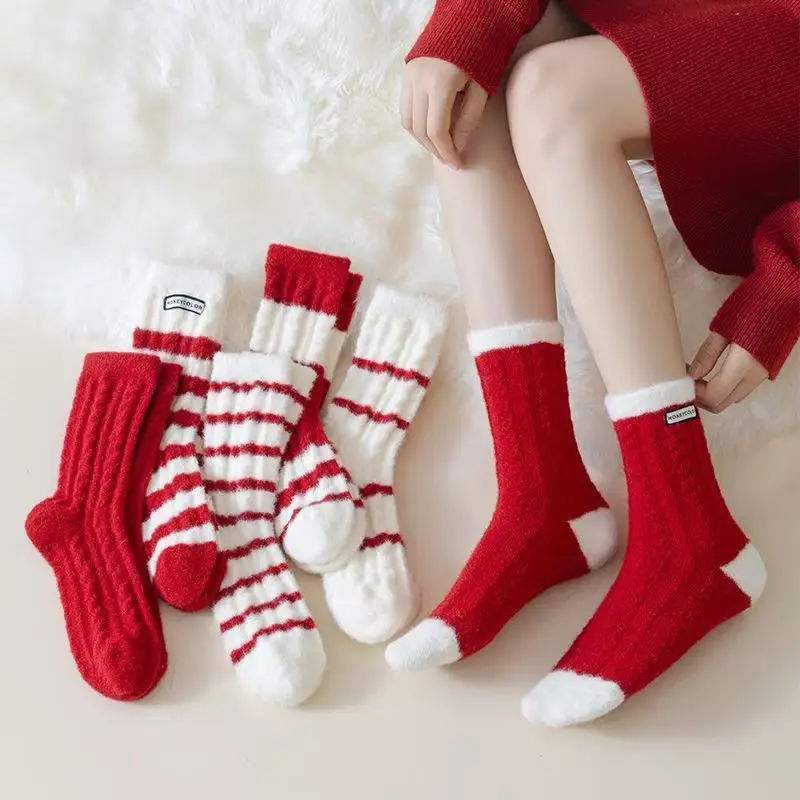 

6 pairs Autumn winter warm comfortable long tube socks fashionable simple home floor socks thick versatile striped women's socks