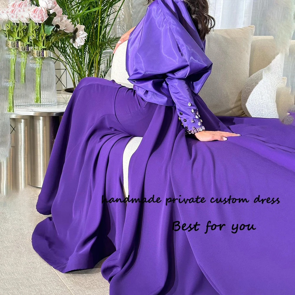 

Purple Evening Party Dresses Long Sleeve V Neck Pleats Satin Arabian Dubai Formal Prom Dress Floor Length Celebrate Event Gowns