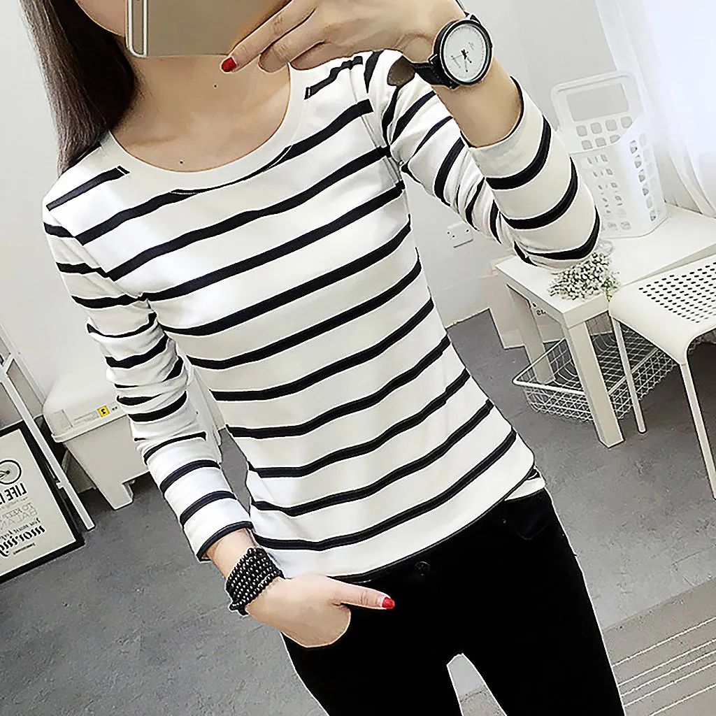 Women Striped T-shirt Long Sleeve Graphic T Shirts Casual Round Neck Print Tees Tops Camisetas De Mujer