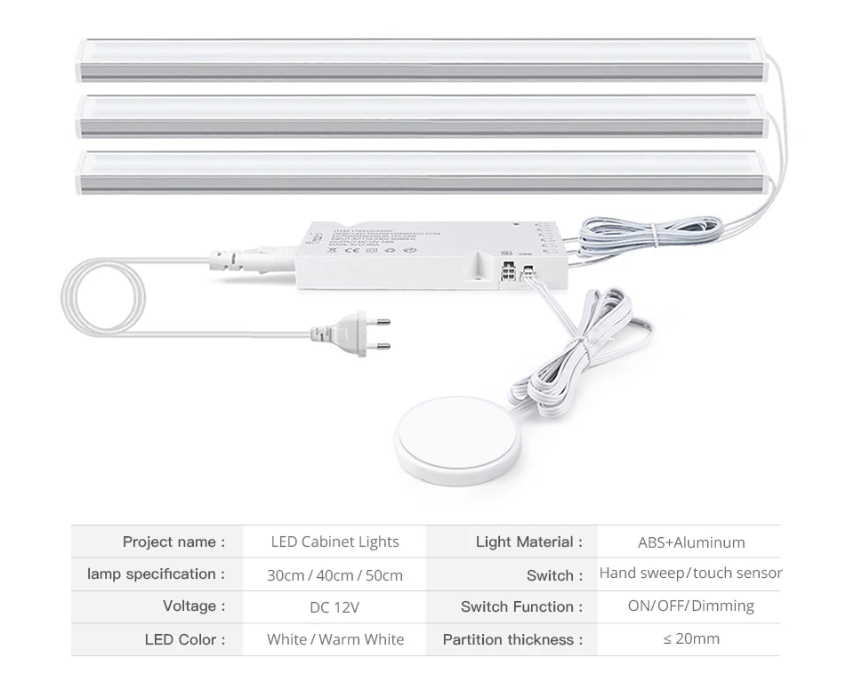 30/40/50CM LED Kitchen Cabinet Light 12V Aluminium Bar Lamp Tube With Penetrable Wood 25mm Touch Motion Sensor Dimmiable Switch