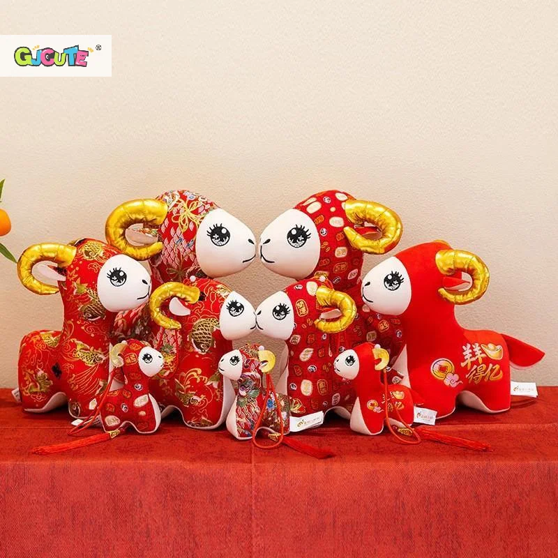 1Pcs Chinese Zodiac Sheep Plush Doll Red Fabric Lucky Goat Stuffed Toy Ornament For Spring Festival Home Party Decoration
