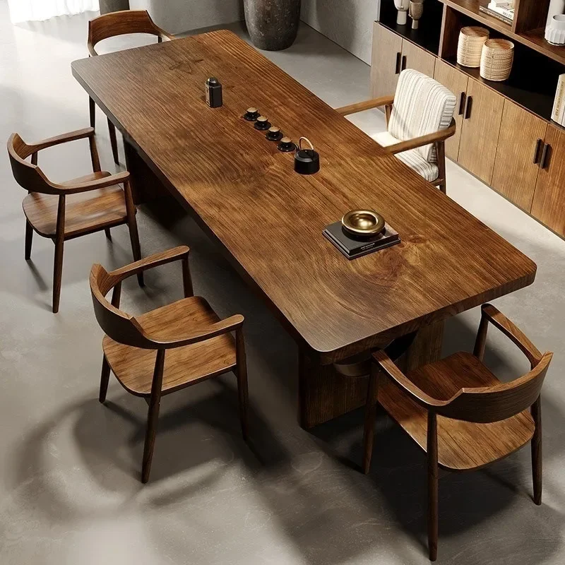 Nordic solid wood tea table and chair combination large board tea table household desk integrated dual-use