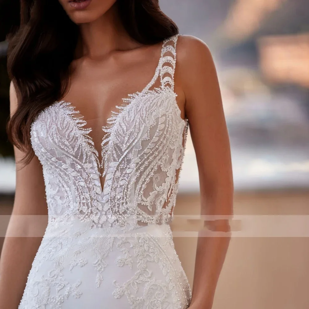 Customized V Neck Backless Soft Satin Mermaid Wedding Dresses Appliques Beaded Court Train Trumpet Bridal Gown Vestidos De Novia